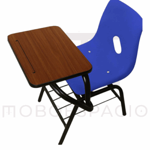 SILLA DE CONCHA DE POLIPROPILENO CON PALETA RECTANGULAR DE MELAMINA AZUL